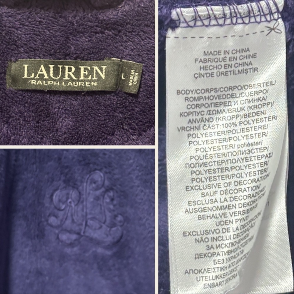 Lauren Ralph Lauren L Purple Plush Fleece Bathrobe Shawl Collar Monogram - Picture 5 of 5